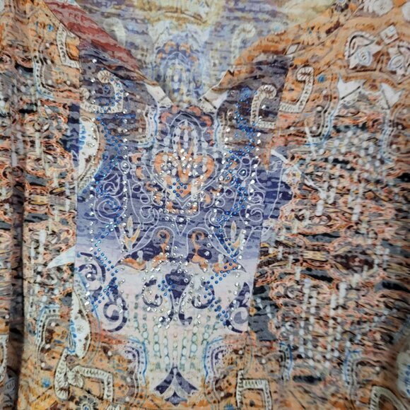 ONE WORLD Women's XL Rhinesonte Burnout Boho Blouse Top Roll Tab Sleeves NWT - Picture 4 of 10